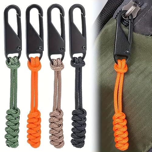 4 Pack Braided Zipper Pull Replacements with Metal Clips, Rope Zip Pull Extensions for Backpacks, Jackets, Bags, Luggage and Outdoor Gear, Mixed Colours
