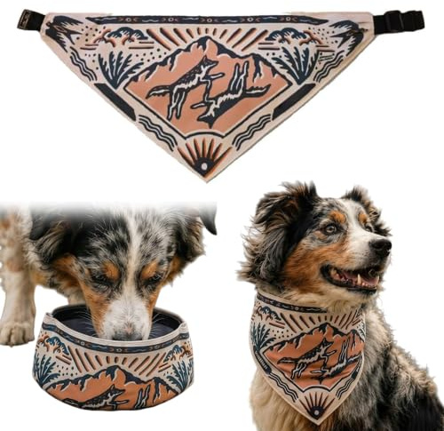 Bol À Eau Double Face pour Chien 2 en 1 avec Bandan a Canin | bol à eau double face pour chien bol pliable pour animaux accessoire de promenade canin foulard pour chien