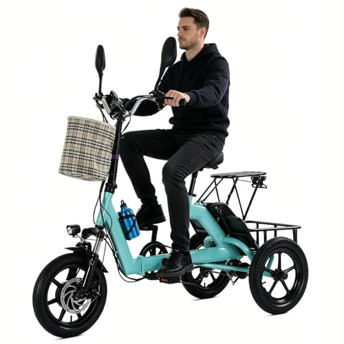 Tricycle électrique Pliable pour Adultes, vélo Cargo électrique à 3 Roues, Batterie Amovible 48 V 10,4 Ah, Panier Avant, Porte-Bagages arrière, Double Suspension, Bleu