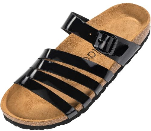 Palado Damen Pantoletten Roma - bequeme Sandaletten mit Kork-Fussbett - modische Hausschuhe mit verstellbarem Riemen - Sandalen für Frauen mit Leder-Laufsohle Lack Schwarz UK3,5 - EU36
