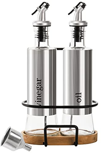 Tebery 2 Pack Olive Oil and Vinegar Bottle Set with Rack and Wooden Base, 10OZ Olive Dispenser Glass Cooking Oil Cruet Bottles with Pourers and Funnel for Kitchen