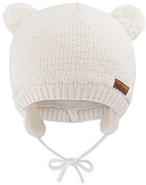 SEYUFN Babymütze, für Jungen und Mädchen, gestrickte Hündchen für Babys und Kleinkinder, mit Fleece-Futter, 0-36 Monate(Weiß,0-6 Monate)