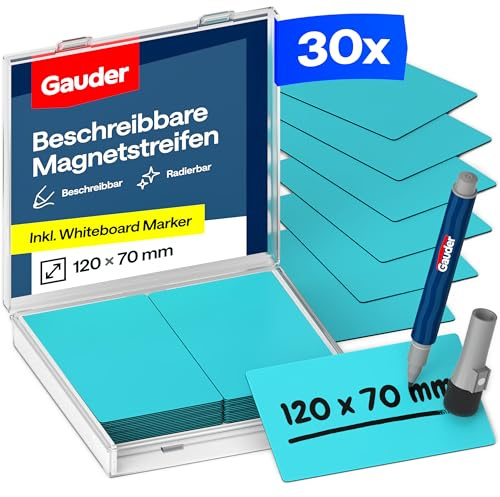 GAUDER Étiquettes magnétiques réinscriptibles, Kanban (30 pcs, 120x70mm) | Magnets réutilisables à écrire et cartes magnétiques pour tableau blanc, ardoise et réfrigérateur, avec marqueur