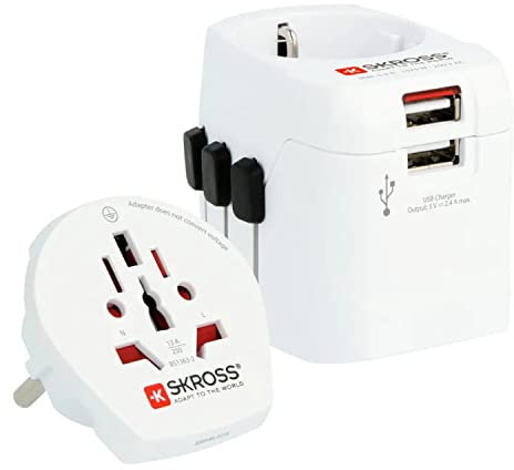 SKROSS | Pro Light USB (2xA) -World | Adaptateur de Voyage International 3 Broches avec Double Chargeur USB 5V / 2.4A intégré - Alimentation : 110V - 770W / 240V - 1680W