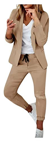 Generic Damen Elegant Business Anzug Set Hosenanzug Blazer Hose 2-teilig Anzug Karo Kariert Zweiteiler Slimfit Streetwear, 01*-khaki, L