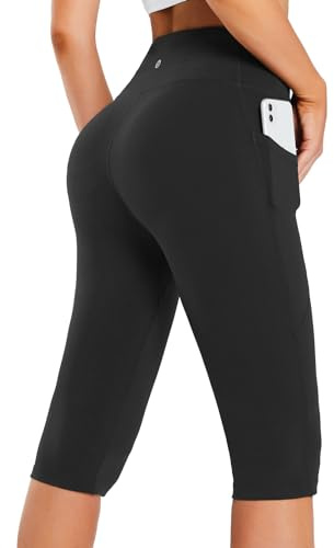 baleaf Capri Leggings for Women High Waisted Capri Pants with Pockets Knee Length Yoga Workout Casual Exercise Black XL
