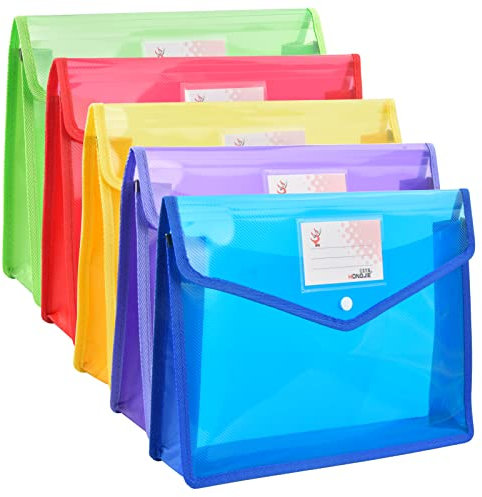 5 Stück Dokumentenmappen A4 mit Druckknopf, Dokumententaschen Sammelmappe 3D, Sichttasche Sammeltasche Kunststoff Etikettentasche für Dokumente Organisieren Schule Bürobedarf, 5 Farben