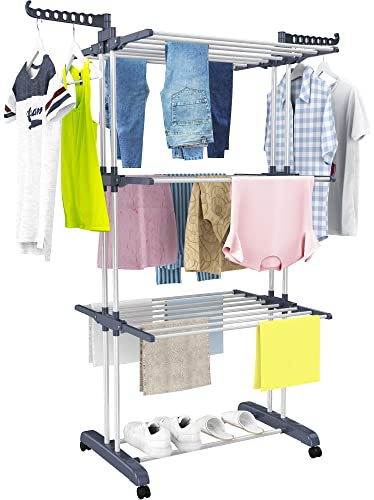 HOMIDEC Clothes Drying Rack, Oversized 4-Tier(67.7 High) Foldable Stainless Steel Drying Rack Clothing, Movable Drying Rack with 4 castors, 24 Drying Poles and 14 Hooks for Bed Linen, Clothing, Grey