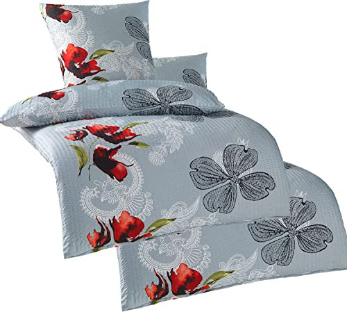 KH-Haushaltshandel 4-TLG. Seersucker Bettwäsche 2X 135x200 +80x80cm, grau, Blüten, bügelfrei, Microfaser (W401050)