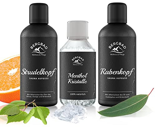 BERGBAD 2 x 100ml BIRKENWALD Set BIO Saunaaufguss + Mentholkristalle - wohltuendes, erfrischend s Sauna Aufgussmittel mit Bio-Alkohol, Wasser und 100% BIO Ölen + Eiskristalle/Saunakristalle