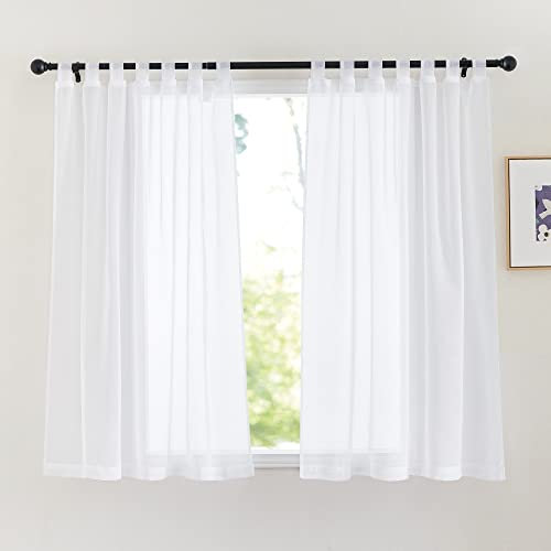 PONY DANCE Cortinas Dormitorio Cortas Cortinas y Visillos Blancos 2 Piezas Cortinas Transparentes con Aspecto de Lino Cortinas Cortas para Ventanas con Trabillas, 140x145cm, Blanco
