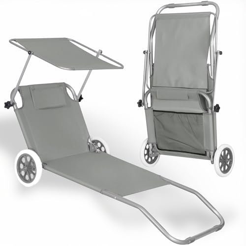 SPRINGOS Lettino prendisole da giardino, con 2 ruote, schienale regolabile in 5 posizioni, poggiatesta, portata fino a 120 kg