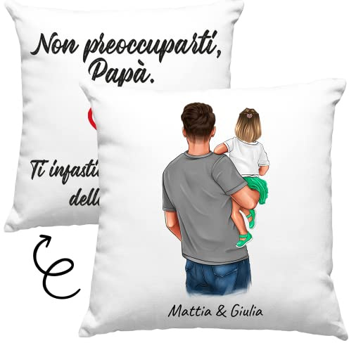 Cuscino Personalizzabile Papà e Figlia - Nome, Capelli, Maglia, Pantaloni e tanto altro da Personalizzare - Idea Regalo Festa del papà, Compleanno, Natale, Arredo Casa - con Imbottitura (Bianco)
