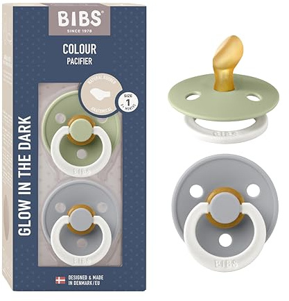 BIBS Colour Napp, 0-6 månader, 2-pack, anatomisk, Sage GLOW/Cloud GLOW | NaturgummiLatex | Storlek 1 | BPA-fri | Tillverkad i Danmark | Självlysande ring | Hög acceptans