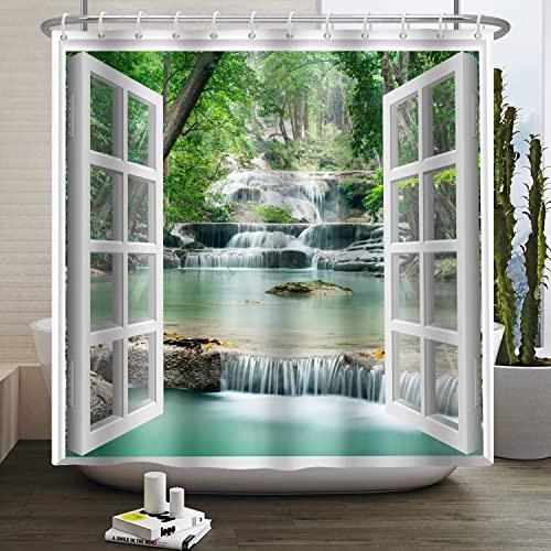 SDOTPMT 180x198cm Douche Vue la fenêtre Chute d'eau printanière Arbres Paysage Naturel Paysage Sauvage Rideau de Bain fenêtre Blanche Image Moderne Tissu imperméable pour Salle de Bain avec Crochets