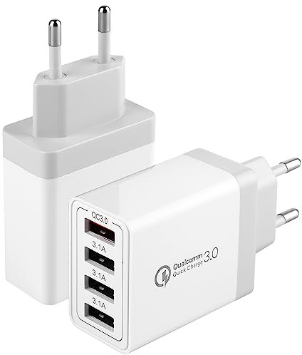 2 Pack 33W Chargeur USB Prise USB A Adaptateur, 4 Ports Multiprise Chargeur Universel QC3.0 Chargeur Rapide Secteur pour Samsung Galaxy S10 S9 S8 A13, iPhone, iPad, HTC, Huawei Google etc