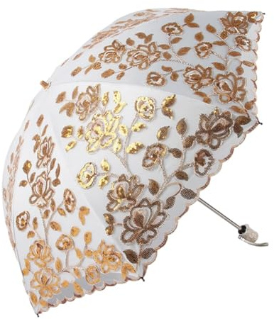 JAWSEU Vintage parasoll av spets, kvinnor spets vikbart broderi paraply parasoll UV skydd paraply bärbart fällbart paraply bröllopsparaply brudparaply för kvinnor flickor, GUL, M