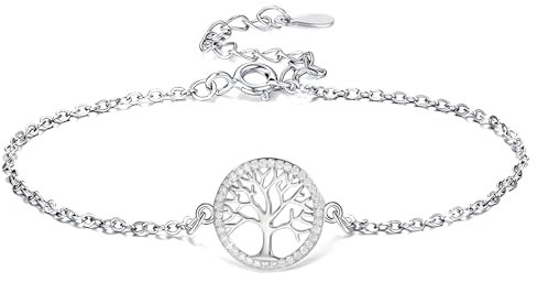 Hinvan 925 Sterling Silver Tree of Life Bracelet, Adjustable 16+3cm, Silver, Women's Sterling Silver Bracelet with Gift Box