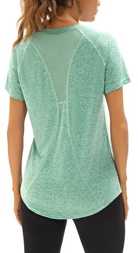 Wayleb Womens Sports Top V Neck Mesh Back Gym T Shirt Activewear Green