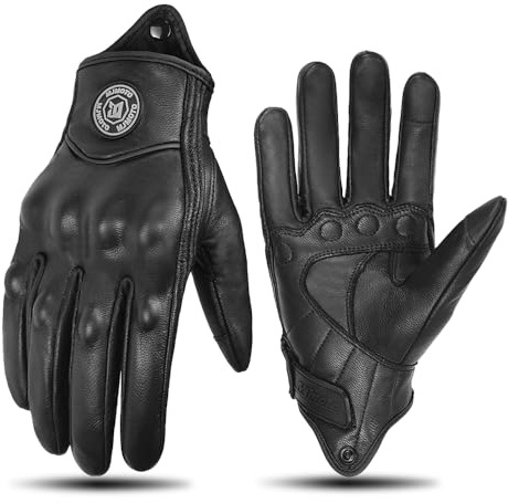 mjmoto svarta retro motorcykel-läderhandskar – ventilerande pekskärms-helfingerhandskar för motorcyklister och förare – klassiska vintage motorcykelhandskar