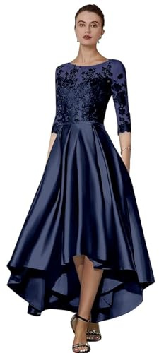 YMeiPaodw Abito da donna in raso per madre della sposa, con tasche, applique in pizzo, abito formale da sera, Blu navy, 44