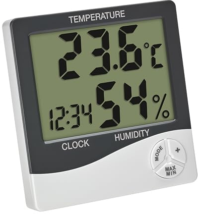 TFA Dostmann Termómetro digital para interiores, 30.5058.02, termómetro de habitación, medidor de humedad, medición de la humedad y la temperatura, para control del clima interior, máx. mín, incluye