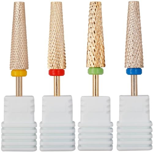 Gasea 4 Piezas Brocas para Uñas Profesional Dorada, 5 en 1 Fresas Torno para Uñas Extensión, 3/32 Broca Manicura para Quitar Gel, Acrílico, Cutícula (M, C, F, XF)