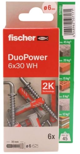 fischer - Duopower 6x30 Con Alcayata - 6U, Tacos para pared multimaterial, sirven para Colgar Bicicletas, Cuadros, Armarios, Soportes de Televisión, Estanterías, Muebles.