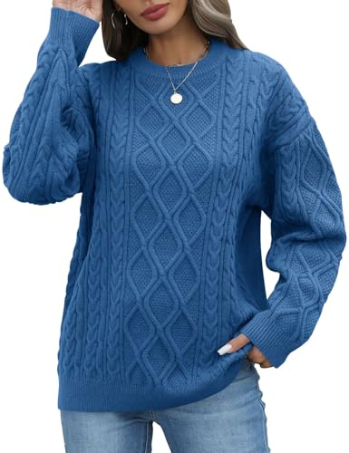 CMTOP Damtröja vinter långärmad stickad tröja varm avslappnad vintertröja rund hals oversize grovstickad tröja elegant mjuk bekväm jumper tröja lösa toppar, blå, S