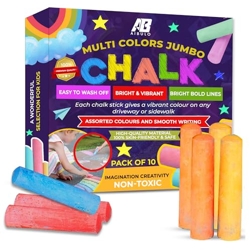 AIBULO 10-Pack Jumbo Chalks for Kids – Extra Large Chunky Washable Sidewalk Chalk Sticks – Bright Outdoor Pavement Playground Drawing Chalk – Non-Toxic Driveway Garden Summer Toys for Children Aged 3+