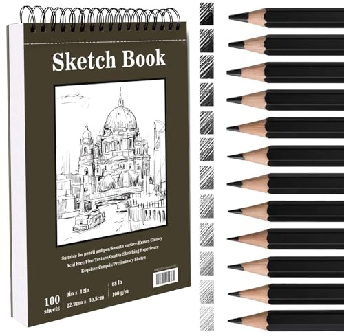 Bloc de Dibujo A4 de 200g/m² para Artistas, 12 lápices de Dibujo, Cuaderno de Bocetos con Espiral, 100 Hojas (200 Páginas), Tamaño Grande (9 x 12 Pulgadas), Para Lápiz, Bolígrafo y Carbón