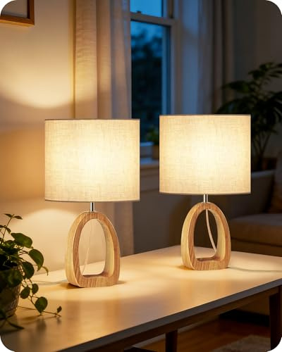 GOEBLESON Lámpara de Mesita de Noche de Madera Maciza con Base en Forma de Anillo, Juego de 2, Pantalla de Lino, Incluye una Bombilla LED 2700K, para Sala de Estar, Dormitorio, Beige y Natural