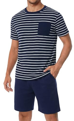 Bresdk Pyjamas herr, kort bomull, sommar, tvådelad pyjamasset med kontrastränder, nattkläder, kortärmad för män, S–3XL