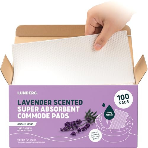 Lunderg Lavender Scented Super Absorbent Commode Pads - Medical Grade Value Pack 100 Count - for Disposable Bedside Commode Liners, Adult Chairs, Portable Buckets & Camping Toilet Bags - Light Scent