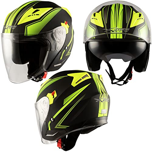 Jet Moto Casco Visiera Doppia Scooter Certificato ECE 22-06 Nero Opaco Fluo XL