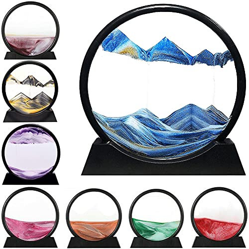 LINPING Fließendes Sandgemälde, bewegliches Sandkunstbild, rundes Glas, 3D-Tiefsee-Sandlandschaft in bewegter Anzeige,Sandrahmen, Heim- und Büro-Desktop-Dekorationen (Blau, 12 Zoll)