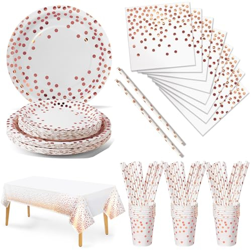 Nkaiso 126 Pezzi Rosa Oro Stoviglie per Feste, Festa Decorazioni Set Include Piatti di Carta Tovaglioli Tazze di Carta Cannucce Tovaglia,per Nuziale Matrimonio,Compleanno -25 Ospiti