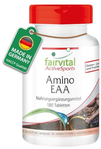 Fairvital | Amino EAA - 180 compresse - aminoacidi essenziali - fenilalanina, triptofano, treonina, lisina, valina, metionina, leucina e isoleucina - 100% vegano - qualità testata - Made in Germany