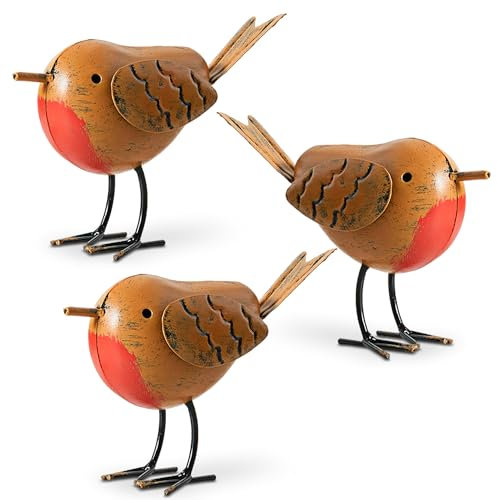 3pc Decorative Red Robin Ornaments for Garden Decorations - Metal Robin Garden Ornaments Outdoor Statues - 3 Small Metal Outdoor Bird Statues