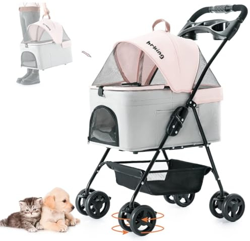 LPOTIUS 3-in-1 Pet Stroller for Small Dogs and Cats, Folding Lightweight Dog Stroller with Detachable Carrier Portable Cat Puppy Jogging Stroller with Cup Holder and Storage Basket, 4 Wheels