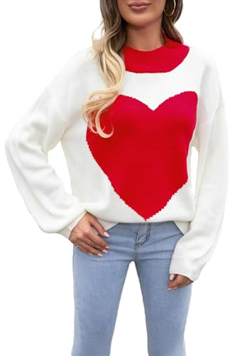 Suéter de Punto con Corazones de San Valentín para Mujer Suéter de Manga Larga y Cuello Redondo Grueso suéter de Punto Felpa de San Valentín Corazón Suéter de Punto Corazón en Forma de Casual Top