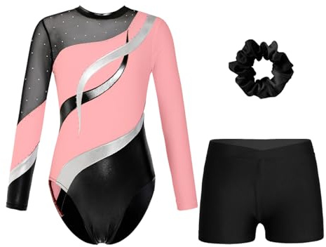 Oyolan Enfant Fille Justaucorps Gymnastique avec Short Ensemble Patinage Danse Gym Tenue Spectacle Costume 5-16 Ans A Rose 7-8 ans