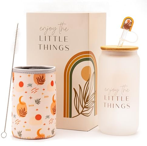 Cute Glass Iced Coffee Cup with Lid and Straw, Reusable 16oz Boho Gift