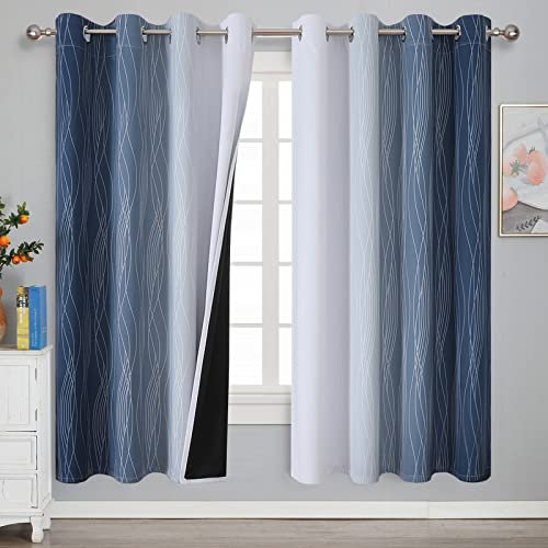 VEHEDE Ombre Dunkelblau und Weiß Farbverlauf Thermovorhang Kälteschutz Gardinen mit Ösen, Wohnzimmer Schallschutz Blickdicht, Fenster Wärmeisolierende Vorhänge 160 cm Lang, H 160 x B 132 cm, 2er Set