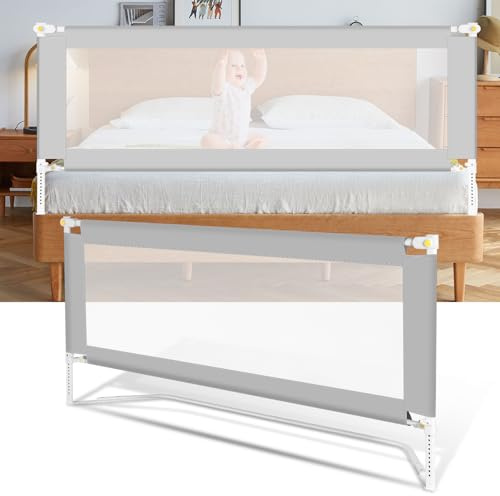 Ansobea 150 cm sänggaller | Barnsängsskydd med U-formade fötter | Vikbart barnsängsskydd | Sängskydd för barn| Fallskydd för säng, justerbar höjd 68–95 cm | Lätt att montera | Grå