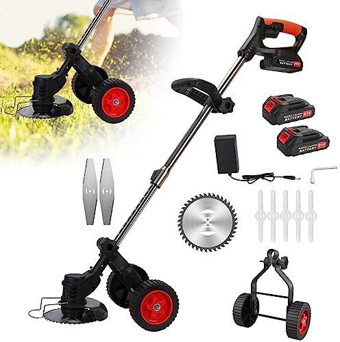 Cordless String Trimmer 21V 2000Mah Battery Powered Weed Eater Rechargeable D-Shaped Handle 2 Wheel Electric Lawn Mower 3 in 1 Brush Cutter Cordless Weed Wacker (black)