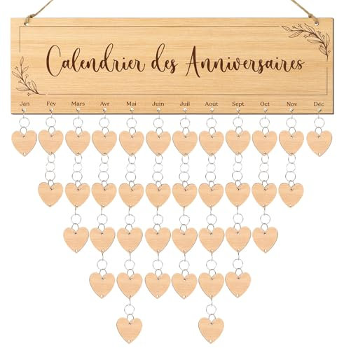 Calendrier des Anniversaires en Bois Français - Kit de Suspension Panneau Bricolage avec Étiquettes Cœur - Décoration Cadeau Original Noël pour Famille Ami