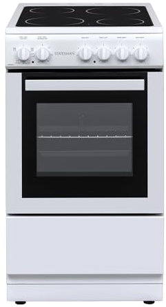 Statesman C050ESCW Freestanding Single Cavity Electric Cooker With Ceramic Hob, 50 cm, 4 Hot Plates, Easy Clean, Adjustable Hight, White