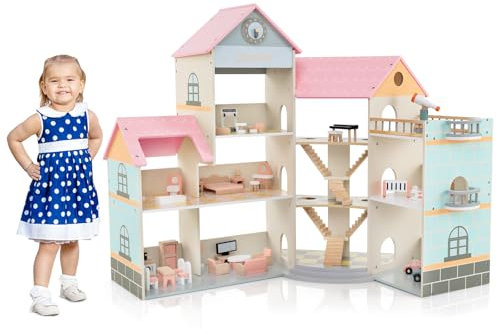COSTWAY Maison de Poupée en Bois avec 8 Pièces & 42 Meubles, Maison de Rêve avec Toit Rose & Télescope & Horloge Simulée, Conception d'angle, Jeu d’Imitation pour Enfants de 3 Ans+