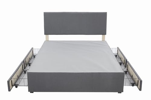 Panana Platform Bed Frame with/without Storage Drawers & Height Headboard, Grey Linen Fabric Divan Bed, Mattress Foundation with Metal Slats (4FT Small Double, with Headboard, 4 Drawers)